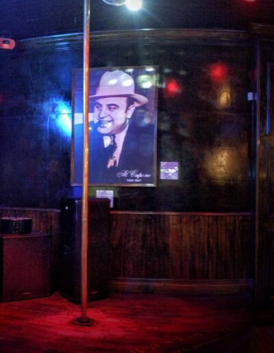 Dimly lit bar interior with a dance pole, portraits on the wall, and ambient lighting.